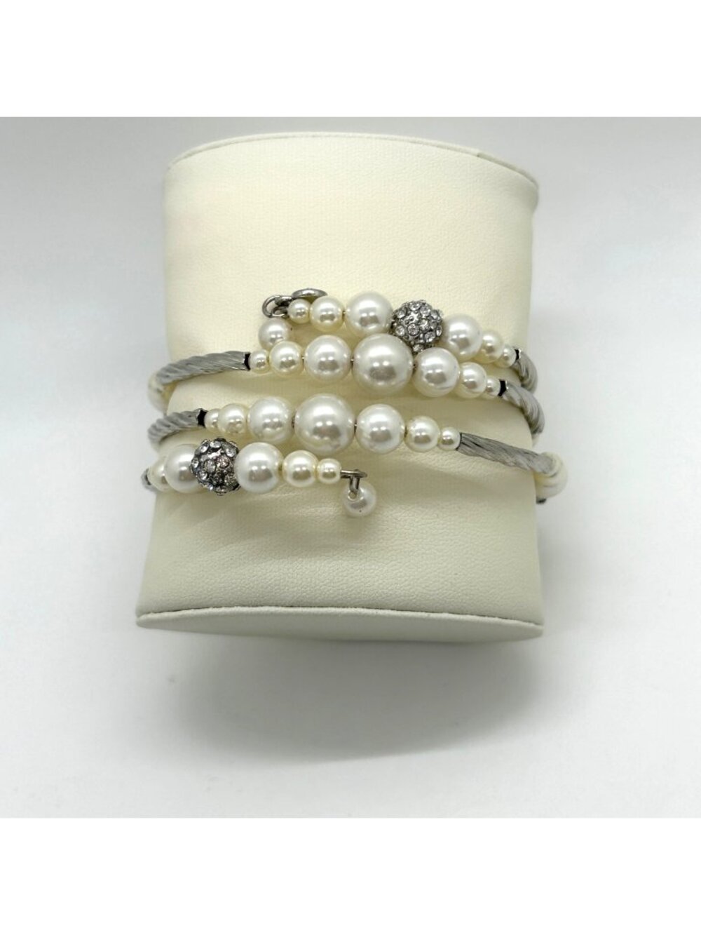 White Pearl Rhinestone Beaded with Memory Wire Wrap Silver-tone Bangle One Size